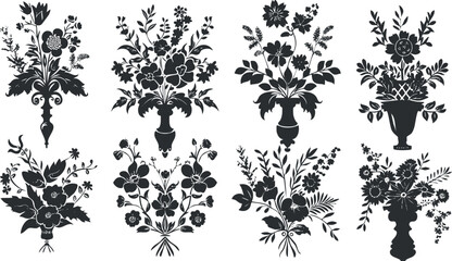 Silhouette floral designs in vases featuring intricate botanical patterns.
