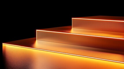 Modern Geometric Steps with Orange Neon Lights on Black Background in Futuristic Stylish Setup