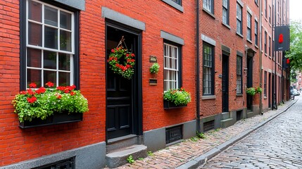 Charming Red Brick Buildings with Flower Boxes in Historic Cobblestone Street