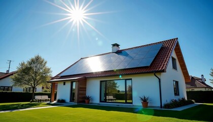 Obraz premium Modern Solar-Powered House with Photovoltaic Panels
