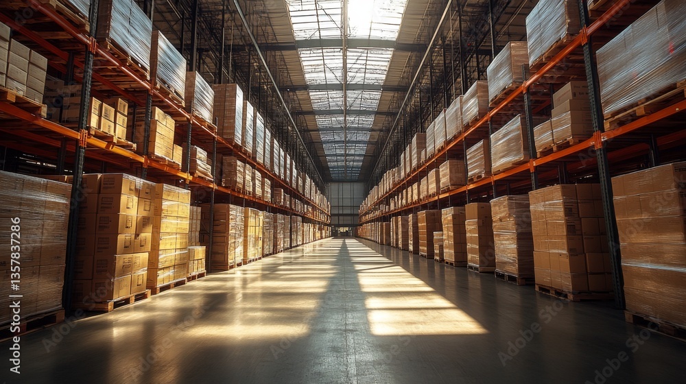 Fototapete Numerous stacked boxes are aligned in rows on shelving units within a vast warehouse. Natural light filters through windows, creating a bright and efficient storage environment.