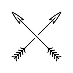 Crossed bow arrows icon. Black outline linear silhouette. Editable strokes. Front side view. Vector simple flat graphic illustration. Isolated object on white background. Isolate.