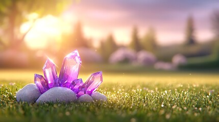 Sparkling Purple Crystals Resting on Smooth Stones in a Serene Outdoor Setting at Sunrise