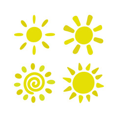 Set of different suns icons. Colored silhouette. Front view. Vector simple flat graphic hand drawn illustration. Isolated object on white background. Isolate.