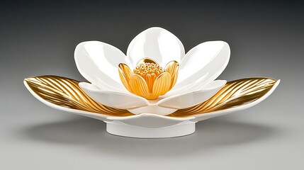 Elegant Lotus Blossom Centerpiece with Glossy White Petals and Golden Accents for Decorative Use