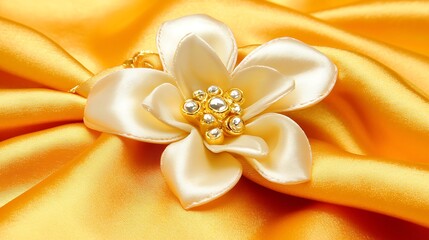 Elegant Satin Flower Brooch on Rich Golden Yellow Fabric Ideal for Fashion and Decorative Purposes