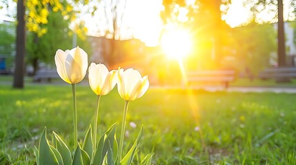 Beautiful White Tulips Blooming in Park at Sunrise with Soft Light and Gentle Green Grass