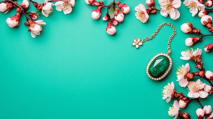 Elegant Green Jewelry Pendant on a Vibrant Teal Background Surrounded by Delicate Flower Blooms
