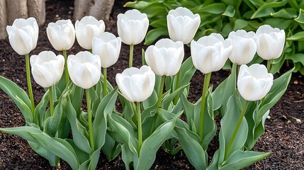 Elegant White Tulips in Garden Setting Displaying Freshness and Natural Beauty in Blooming Springtime