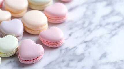 Obraz premium Pink and white heart-shaped macarons with red heart decorations scattered around them. 