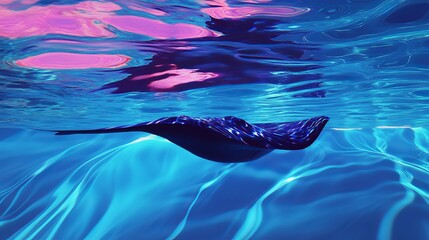 Electric blue stingray gracefully glides underwater, showcasing its sleek and mesmerizing beauty in a vibrant aquatic world