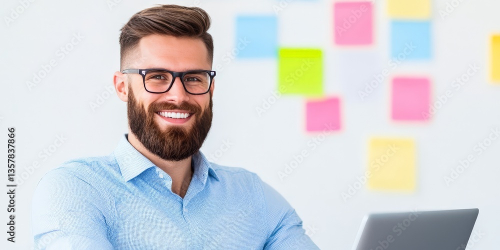 Poster bearded man in glasses smiling confidently with post it notes on wall in modern workspace representi