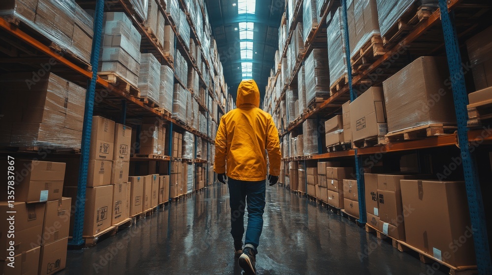 Leinwandbilder a worker in a vibrant yellow jacket walks through the aisles of a warehouse filled with boxes and sh