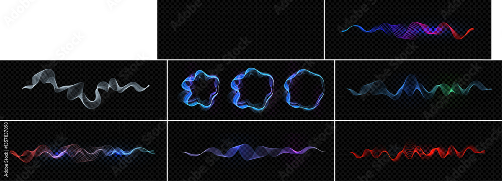 Poster Glowing neon swirl rings forming circular frames with dynamic wave effect, creating futuristic motion and energy. Abstract modern tech and sound equalizer design element. Vector illustration