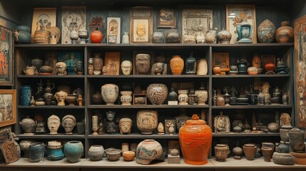 Ancient pottery collection in museum display with various artifacts and sculptures