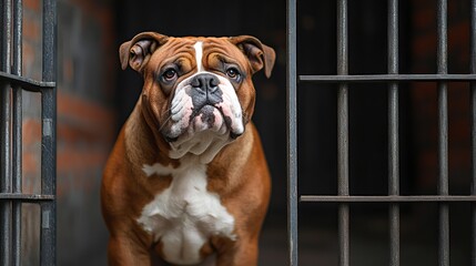 Angry red bulldog standing in front of an open cell, fierce cartoon dog with a tough stance in a dramatic and intense scene