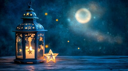 Celestial Lantern's Glow: A beautifully crafted lantern, adorned with intricate star-shaped cutouts, casts a warm, inviting light against a mesmerizing night sky backdrop.