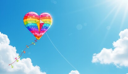 Fototapeta premium Heart-shaped rainbow kite soars in a bright blue sky with fluffy clouds,