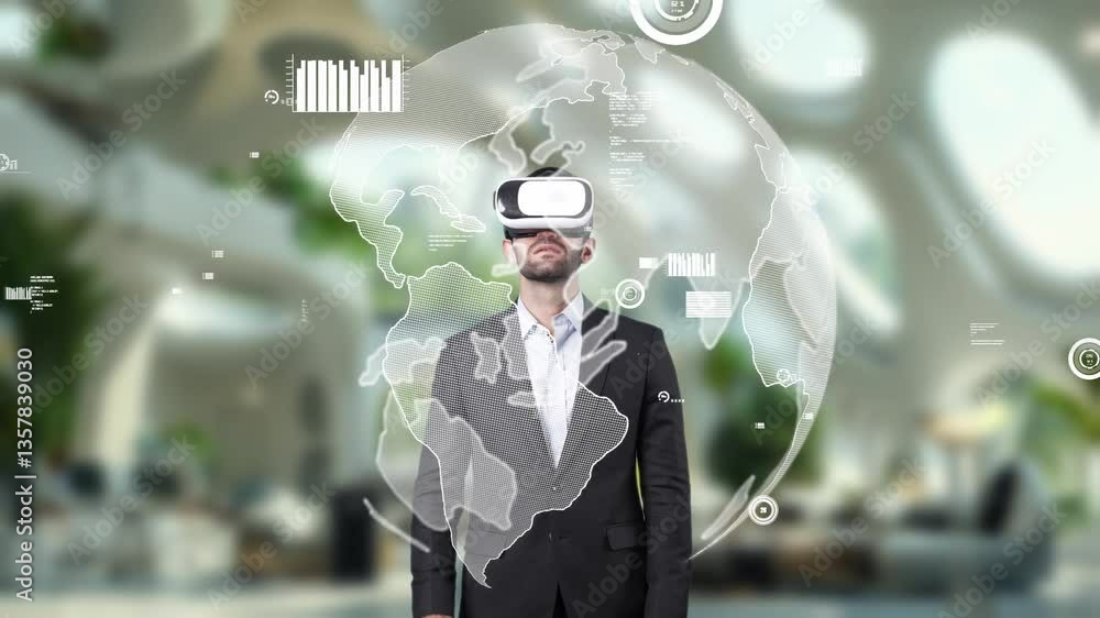 Aufkleber smart businessman holding and checking at global communication hologram. project manager with vr hea