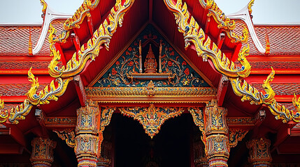 Fototapeta premium Ornate red and gold temple architecture with intricate carvings and decorative motifs creating a vibrant and detailed facade.