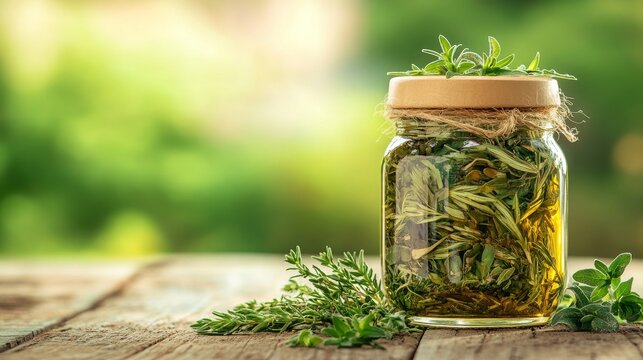 A jar of freshly harvested wormwood leaves infused in oil, placed on a rustic wooden surface with a blurred green background