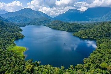 Bird's eye view of a mountain lake enveloped by verdant trees in a forest.