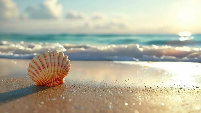 Close-up, low-angle video of a seashell on a sandy beach with gentle waves and a soft-focus sunrise, creating a serene and tranquil atmosphere. Live desktop wallpaper.