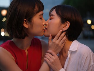 Naklejka premium Two women sharing a romantic kiss in a softly lit urban setting