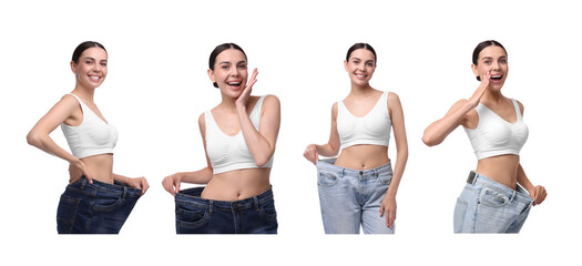 Naklejka premium Diet and weight loss. Happy woman in big jeans showing her slim body on white background, collage