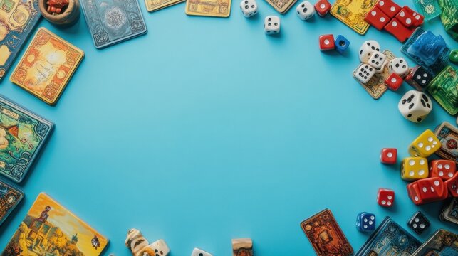 Colorful board game setup with cards dice and tokens on blue background