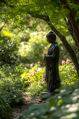 Serene Bronze Statue in Harmony with Nature Amidst Lush Greenery and Blooming Flowers