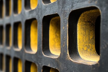 黒と黄の格子模様が印象的な金属製の面のクローズアップ