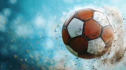 Naklejka premium Dynamic soccer ball in motion with dust cloud on blue background