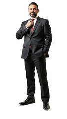 Confident businessman adjusting tie, isolated on transparent background.
