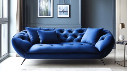 Fototapeta premium Elegant blue velvet sofa in modern living room with art and large windows