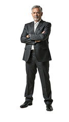 Confident senior businessman with arms crossed, isolated on transparent background.