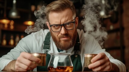 A focused bartender prepares a cocktail, surrounded by steam and rustic decor, perfect for articles on mixology, cocktail recipes, or bar atmosphere,