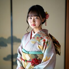 A young girl wearing a traditional kimono with floral patterns and a hair accessory
