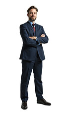 Confident businessman in formal suit with arms crossed, isolated on transparent background.