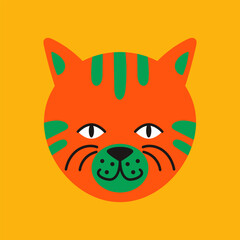 Abstract vibrant portrait of a smiling kitten. Modern flat-design pet character for decorative or children’s use.