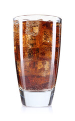 Sweet soda water with ice cubes in glass isolated on white