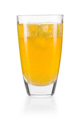 Sweet soda water with ice cubes in glass isolated on white