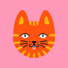 Whimsical doodle of a fluffy cat head on a pinck background. Playful and trendy animal illustration.
