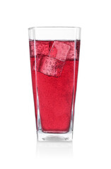 Sweet soda water with ice cubes in glass isolated on white