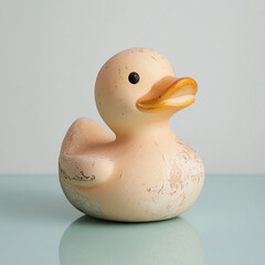 Worn rubber duck with faded colors on a reflective surface  