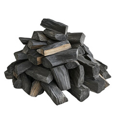 A dark pile of charcoal logs ready for a fire warmth and cozy ambiance