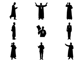 Set of Pastor with Christian Cross and Bible Silhouette in various poses isolated on white background