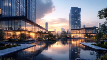 Fototapeta premium Modern Skyscrapers Reflecting in Calm Waters at Sunset