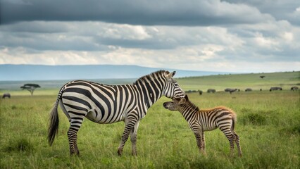 Naklejka premium Zebra Mother and Foal in African Savannah — Heartwarming Wildlife Moment