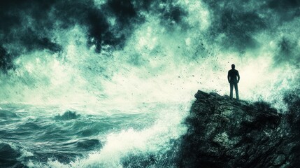 Obraz premium Solitary Figure Standing on a Rocky Cliff Overlooking Stormy Ocean Waves